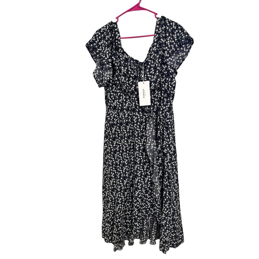 BloomChic Off the Shoulder Midi Dress Black and Green Floral Size 12 NWT